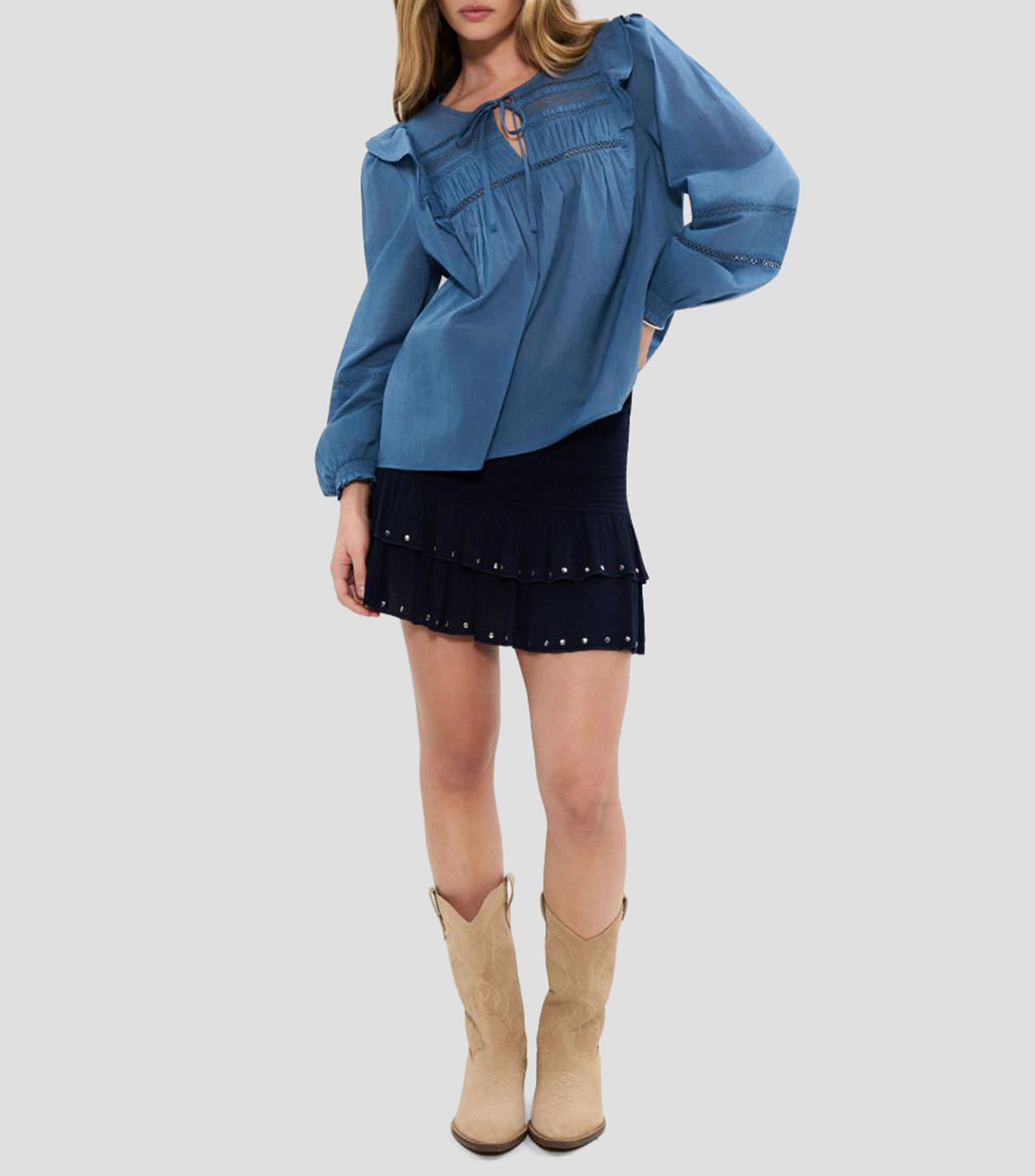 Blusa con microdiseños manga larga Mujer